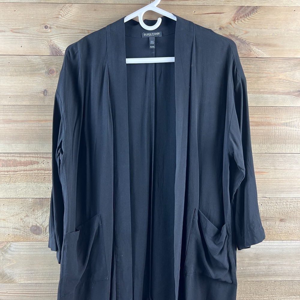 Eileen Fisher Womens Cardigan Open Front Pockets Black Minimalist‎ 100% Silk PL - Picture 2 of 7